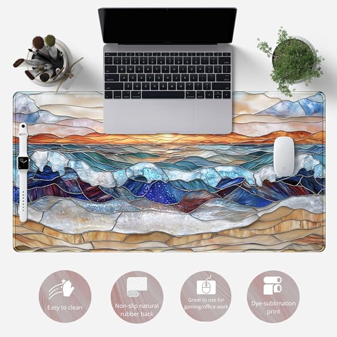 Mountain Sunrise Gaming Mouse Pad Large Desk Mat Extended Mouse and Keyboard Pad, Faux Stained Glass Nature Mousepad with Stitched Edge Mouse Desk Pad Computer Mat Soft Aesthetic Decor 31.5 X 15.7 in