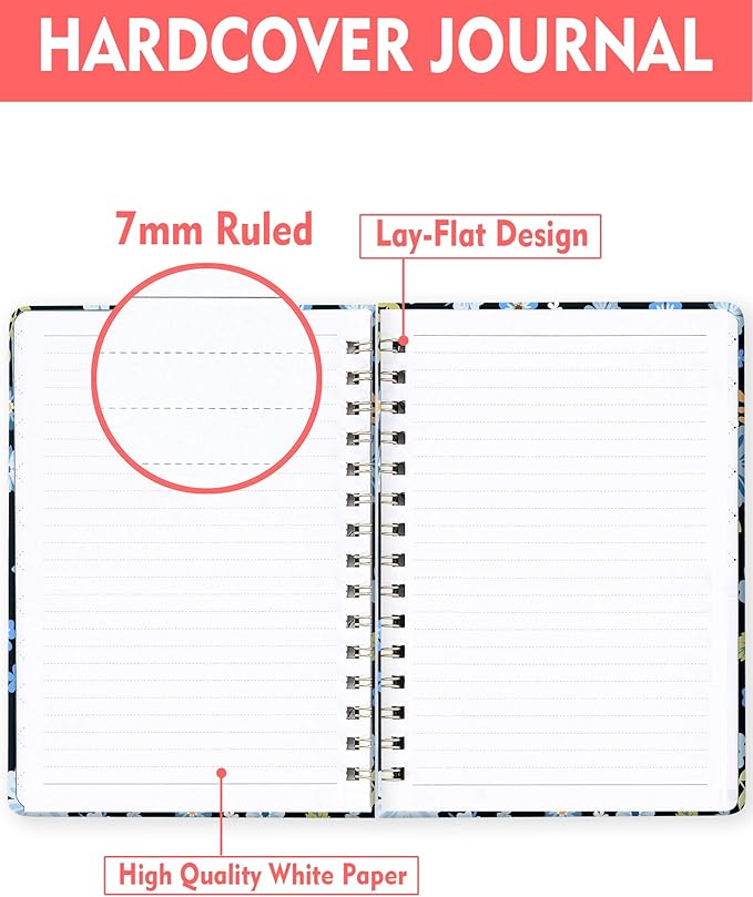Spiral Journal Notebook for Women, Hardcover A5 College Ruled Notebook, 120 Pages, Thick Paper, Cute Lined Journal for School, Office & Work, 6 x 8.4 in(Blue Garden Flower)
