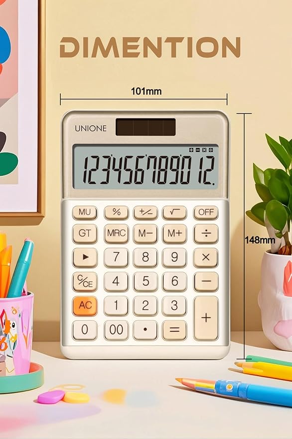 UNIONE Calculator with a Bright LCD, Dual Power Handheld Desktop. Color. Business, Office, High School… (Ivory)