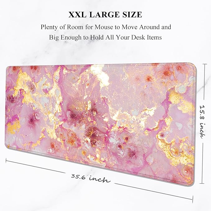 Auhoahsil Large Mouse Pad, XXL Gaming Mousepad, Desk Mat for Desktop, Thick Rubber, Big & Long Size, Stitched Edges, Full Desk Pad for Laptop & Computer, Extended 35.4 x 15.7 in, Pink Gold Marble