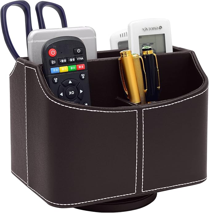 PU Leather Remote Control Holder 360 Degree Spinning Desk Organizer Storage Box for Remote Caddy,TV Guide, Mail, Electronics, Pen,Stationery and Media Storage (Brown)
