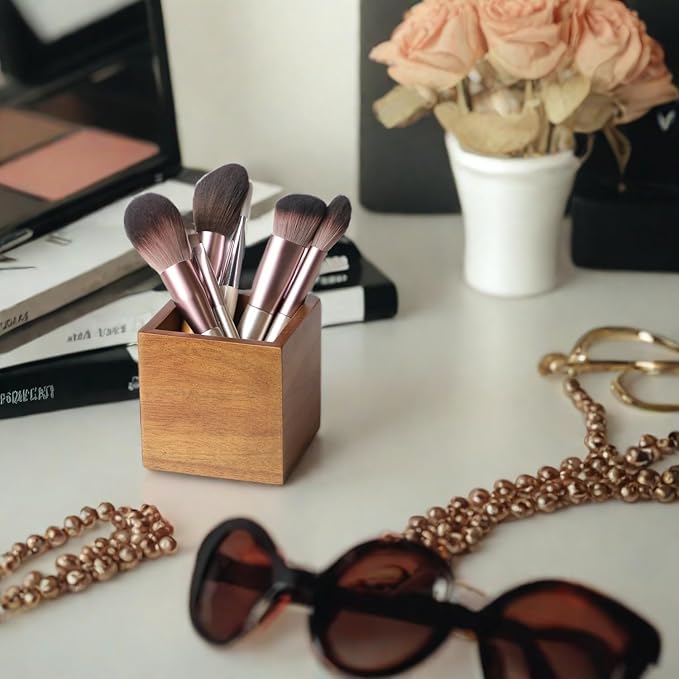 Acacia Wood Makeup Brush Holder Organizer for Vanity,Pen and Pencil Holder for Desk,Desktop Organizer for Store Marker, Makeup Brush, TV Remotes