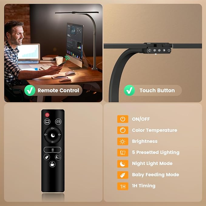 LED Desk Lamp for Home Office - Remote Control Desk Light Computer Lamp with clamp, 22W, Dimmable, Color Changing, Touch Control, Height Adjustable, Black Table Task Light Bar for Work