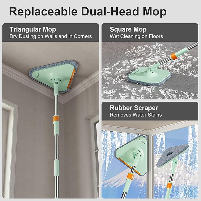 HoMettler Mop and Bucket Set | Spin Mop with Dual-Tank Clean/Dirty Water Separation | 4 Microfiber Pads for Deep-Cleaning Floors | Versatile Mops Triangular Head for Walls