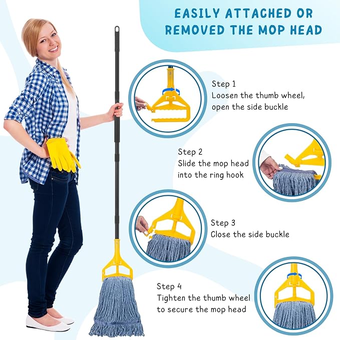 Commercial Mop for Floor Cleaning, 59'' Heavy Duty Industrial Mops with Long Handle, Cotton String Wet Mop for Garage, Office, Warehouse, Home, Workshop (2 Mops Head)