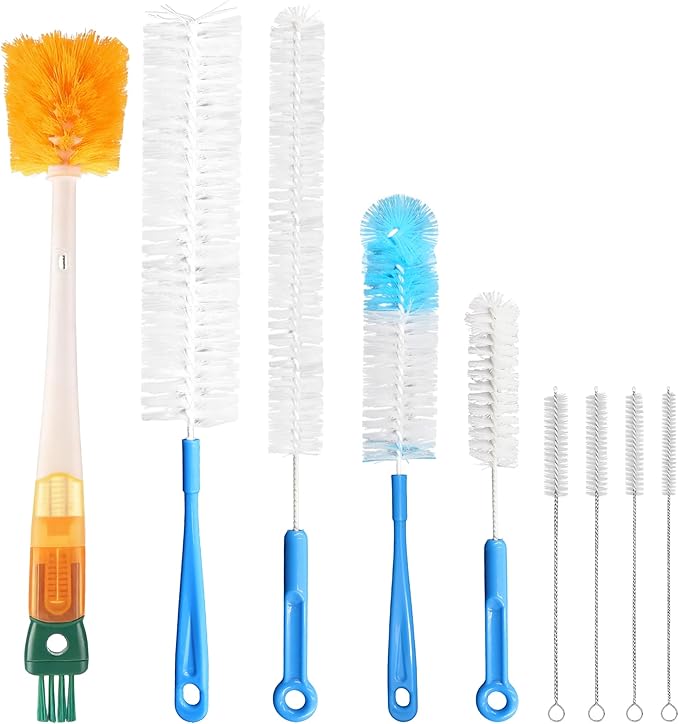9Pcs Bottle Cleaning Brush Set with Long Handle, Nylon Tube Brush Cup Cleaner, Straw Brushes for Washing Narrow Neck Water Bottle Pipes Kettle Spout Cleaning