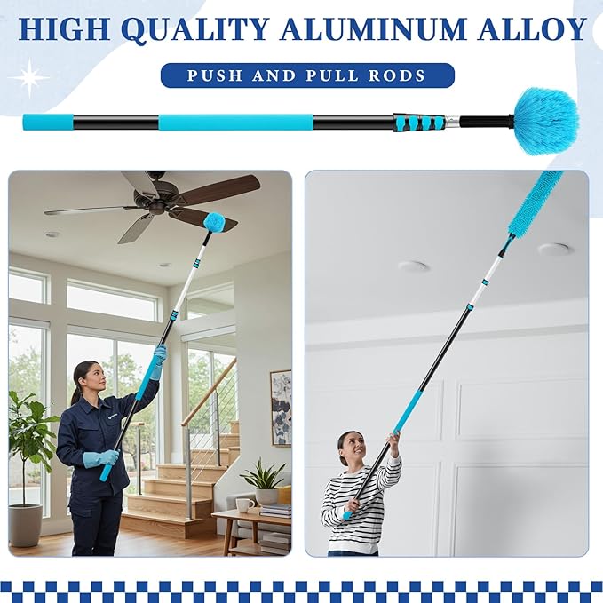 Acellegic 36ft High Ceiling Duster Kits with 7-30ft Extension Pole Heavy Duty, Ceiling Fan Duster and Feather Cleaner, Cobweb Remover & Blue Window Squeegee Kit, Household Cleaning Supplies