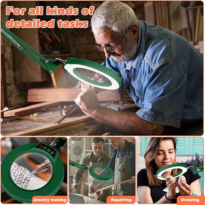 10X Magnifying Glass with Light and Stand, Real Glass Lens Desk Lamp, Lighted Magnifier with Light Stepless Dimming Hands Free for Craft, Reading, Painting, Sewing, Solder - Green