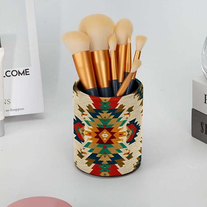 1 Pack Western Vintage Print Circular Pen & Pencil Holder - Durable PU Leather Pencil Cup, Desk Accessories Organizer for Office Desk School Home