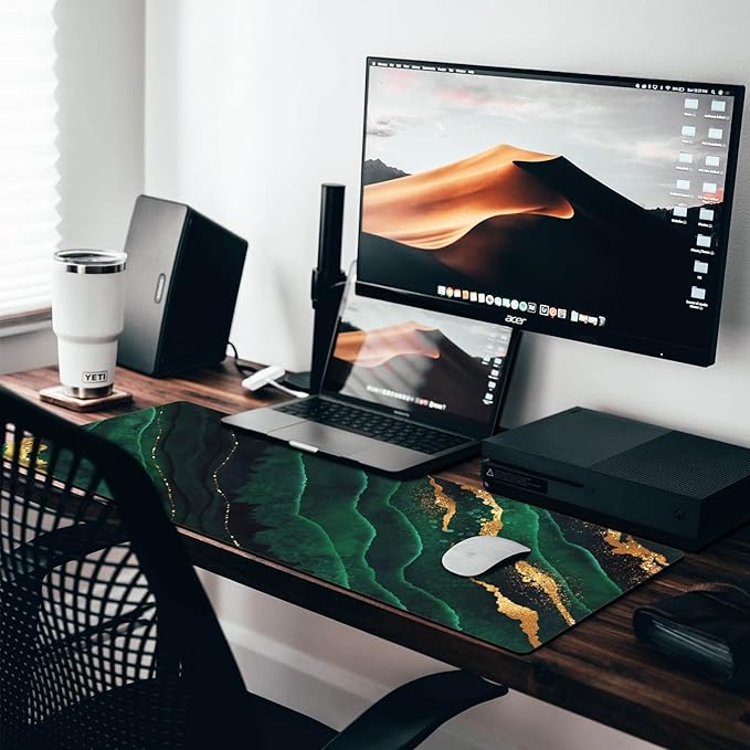 Extended Gaming Mouse Pad (31.5 X 11.8 in), Large Non-Slip Rubber Base Mousepad,Keyboard Mouse Mat Desk Pad for Work, Game, Office, Home - Black Green Gold Marble, MOU-06