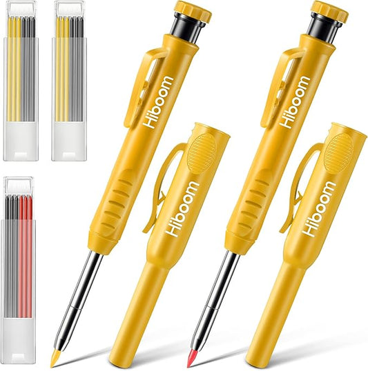 Hiboom 2 Pack Solid Carpenter Pencils with Pencil Cap and 18 Refills, Long Nose Deep Hole Mechanical Pencil Marker, Scribe Tool with Built-in Sharpener for Construction Woodworking Architect (Yellow)