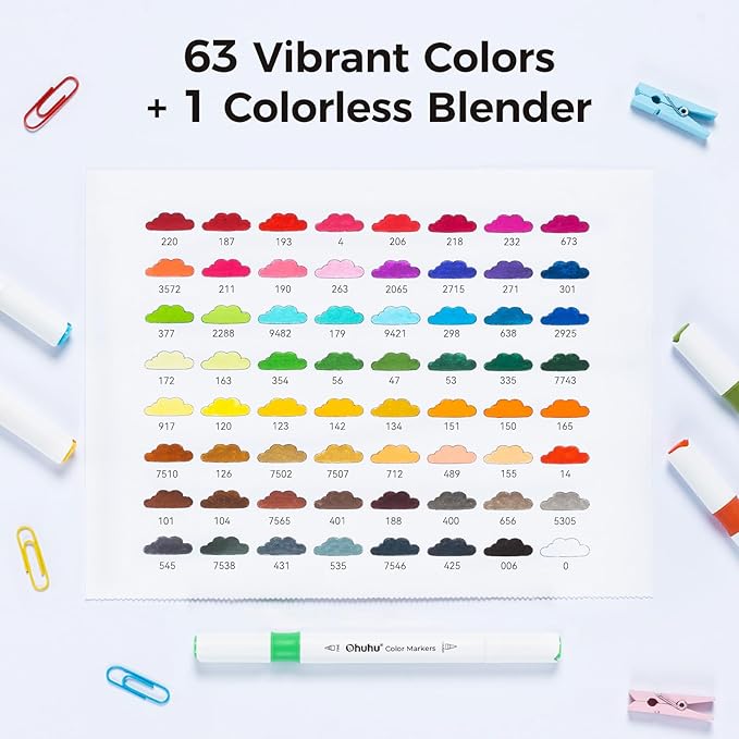 Ohuhu Water-based Markers for Adult Coloring Books No Bleeding 64 Colors Dual Tips Coloring Markers for Kids Adults Beginners Drawing Pens for Journaling Lettering (Brush & Fine)