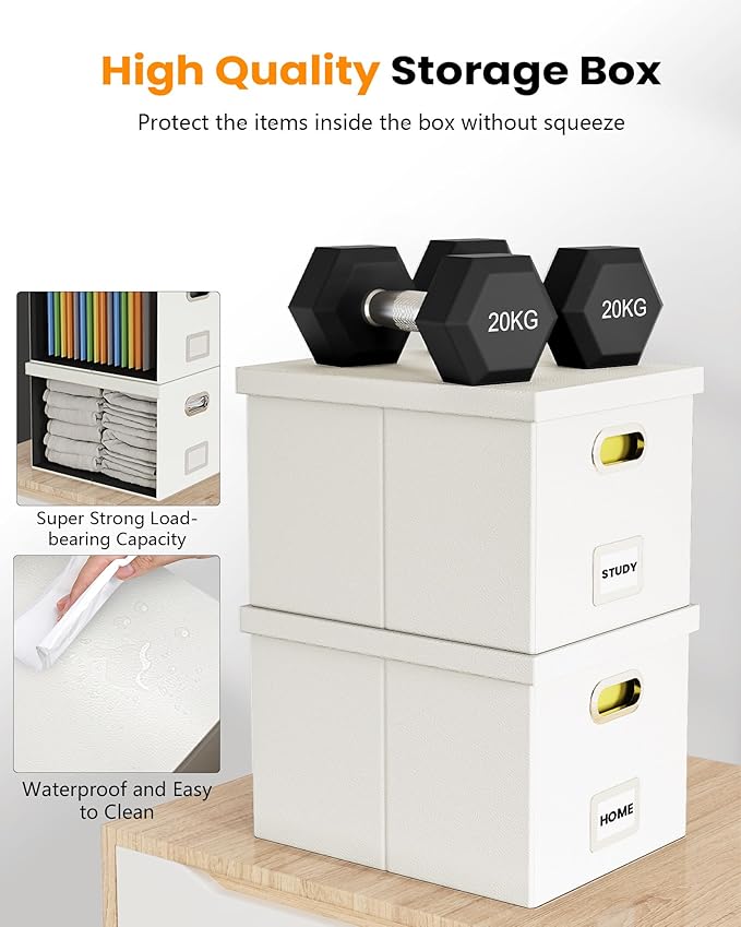 Oterri File Organizer Box,Filing Box with Lid,File Box for Letter/Legal File Folder Storage, Portable Hanging File Box for Office/Decor/Home,1 Pack, White(Leather),Box only