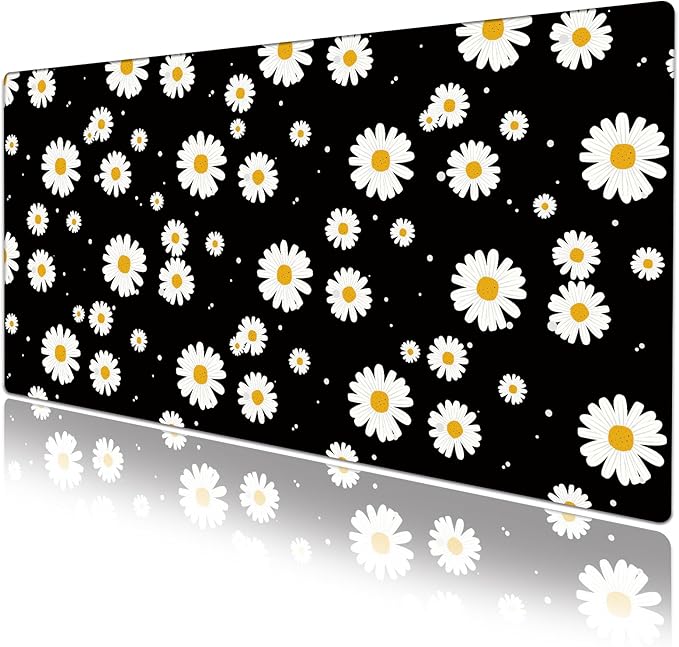 White Daisy Daisy Pad Protector, Stitched Edges Mouse Pad, Large Office Mat, Non-Slip Desk Blotter, Laptop Desk Pad, Flower Writing Pad for Office and Home (31.5" x 15.7")