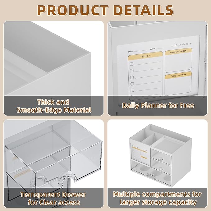 Marbrasse Desk Organizer with 3 Drawer, Multi-Functional Pencil Pen Holder for Desk, Desk Organizers and Accessories with 4 Compartments, Desktop Organizer Storage for Office Home Art Supplies (White)