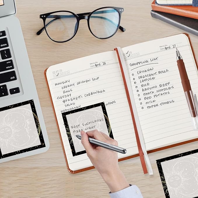 Sticky Notes, 2 Pads, 3x3 inches, Cute Colorful Fun Self-Stick Note Pads, Easy Post, Strong Adhesive Notepad Black Gold Tarot Moon