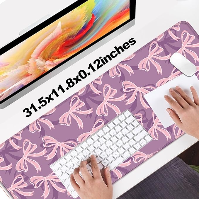 Pretty Purple Bows Gaming Desk Mat, Computer Keyboard Large Extended Long Girly Mouse Pad for Office and Home, XL (W15)