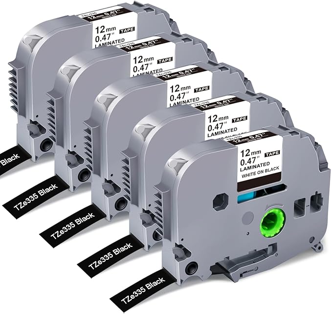 RAEMALL Replacement for Brother TZe-335 TZ-335 Laminated P Touch Label Tape 12mm 0.47 Inch White on Black Label Maker Tape for Brother PT-D210 H110 D220 D410, 5 Pack