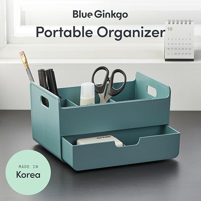 BLUE GINKGO Portable Desk Organizer – Compact 3 Compartment, Half-drawer Storage – Pen Holder, Stationery Desktop Organizer for Office, Makeup, Crafts (Made in Korea, Green)