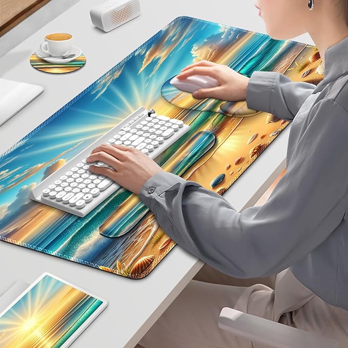 Gaming Mouse Pad, Large Desk Mat, Cute Desk Pad Protector, 4in1 XXL Mousepad + Keyboard Wrist Rest+Mouse Wrist Rest+Coaster Set with Ergonomic Desk Pad for Home Office Computer, Beach Sun Shell