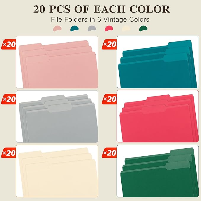 Color File Folders, 1/3-Cut Tabs, Letter Size, Assorted Colors Organizer File Folders for School Home Office Business (120, Assorted Colors)