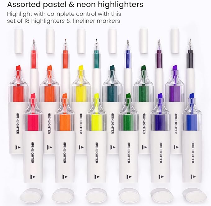 ARTEZA Highlighters – 18-Piece Set of Neon and Pastel Colors with Fineliner Pens for Journaling, Study, Planning & Note Taking, No-Bleed Ink