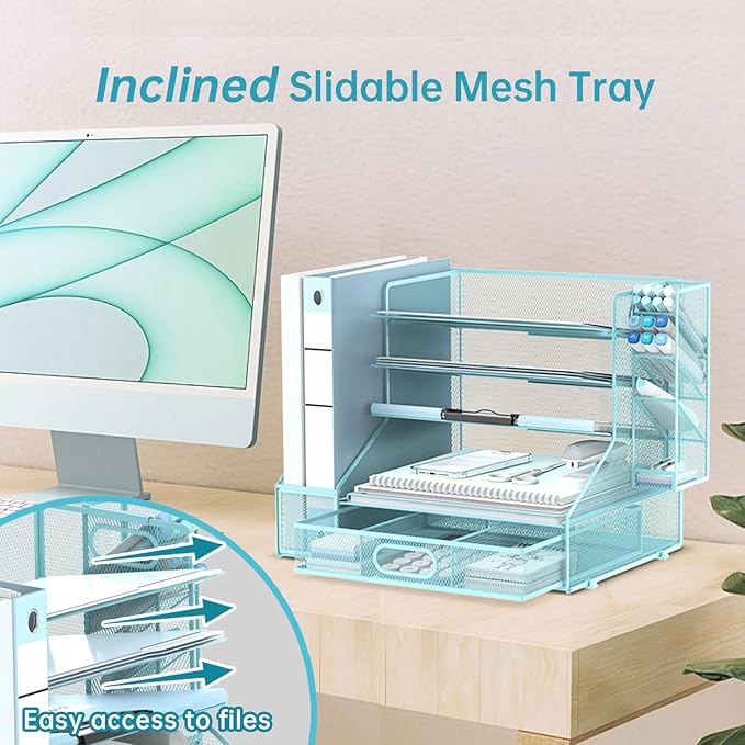 SUPEASY Desk Organizer with File Holder, 5-Tier Mesh Paper Letter Tray Organizer with Pen Holder and Drawer, Desktop Organizer and Storage with 3 Tilted File Sorter for Office Supplies, Blue