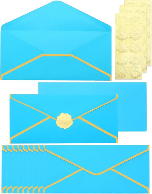 Business Envelopes with Gold Border 30 Pack #10 Envelopes Made of 150gsm Paper, Standard Envelopes with Gold Stickers for Office, Checks, Letter Mailing,9.45 x 4.13 Inches(Lake blue)