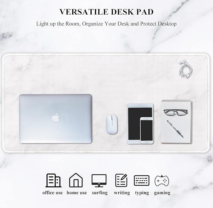 Auhoahsil Extended Mouse Pad, XXL Gaming Mouse Pads, Large Big Mousepad Laptop Computer Keyboard Mat Desk Pad with Non-Slip Base and Stitched Edge for Gaming Office, 35.5 x 15.7 inch, White Marble