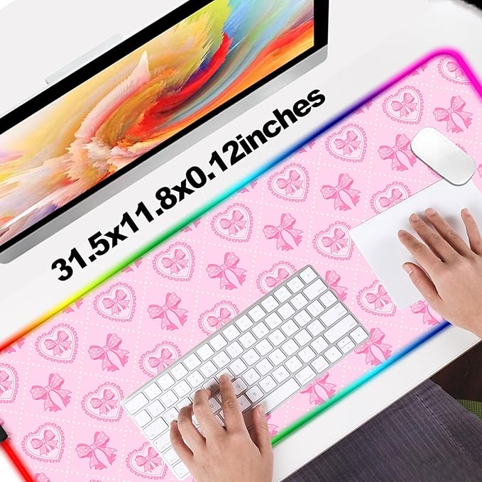 RGB Pretty Pink Love Bows Gaming Desk Mat, Computer Keyboard Large Extended Long Girly LED Mouse Pad for Office and Home, XL (W13)