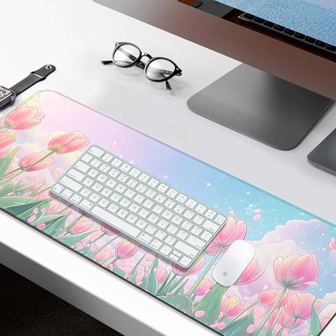 Pink Flower Tulips Gaming Desk Mat, Computer Keyboard Large Extended Long Floral Mouse Pad for Office and Home, XL (W30)