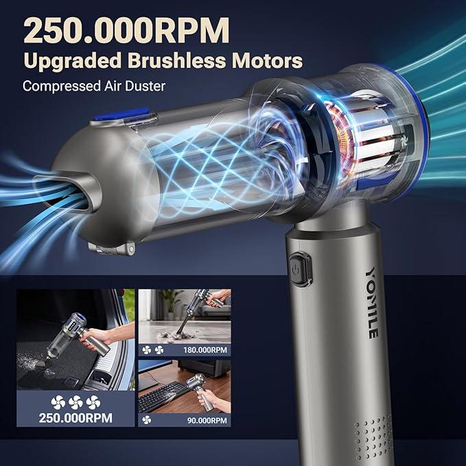 Yomile Mini Vacuum Cleaner, 2 in 1 27000PA Brushless Car Vacuum &250000RPM Air Duster 9000mAh Battery Air Blower Wireless Handheld Vacuum for Car,Office and Home