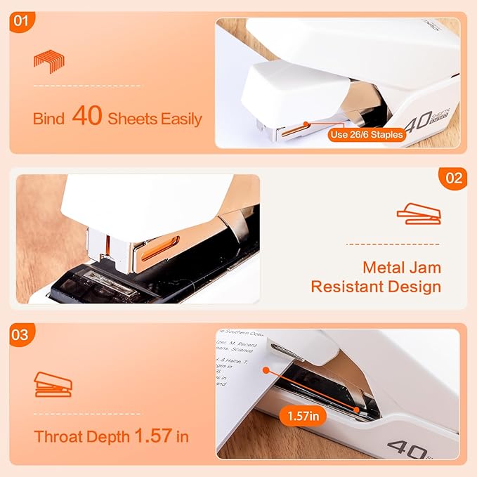 Deli Stapler, Effortless Staplers for Desk, 40 Sheet Capacity Heavy Duty, One Touch, No Effort, Easy to Load, with 2000 Staples & Staple Remover, 6 Pack, Black&White