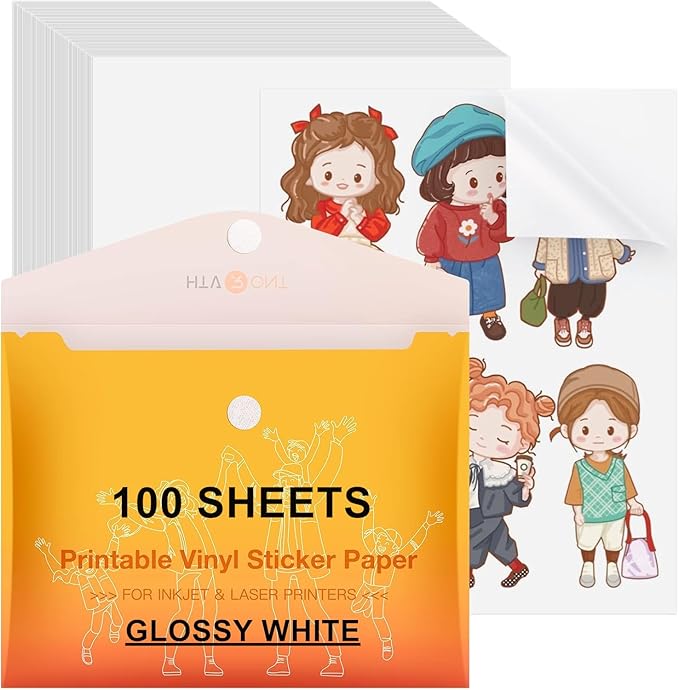 HTVRONT Printable Vinyl Sticker Paper, 100 Sheets Glossy Waterproof Sticker Paper For Inkjet Printer & Laser Printer, Dries Quickly-Standard Letter Size 8.5"X11"