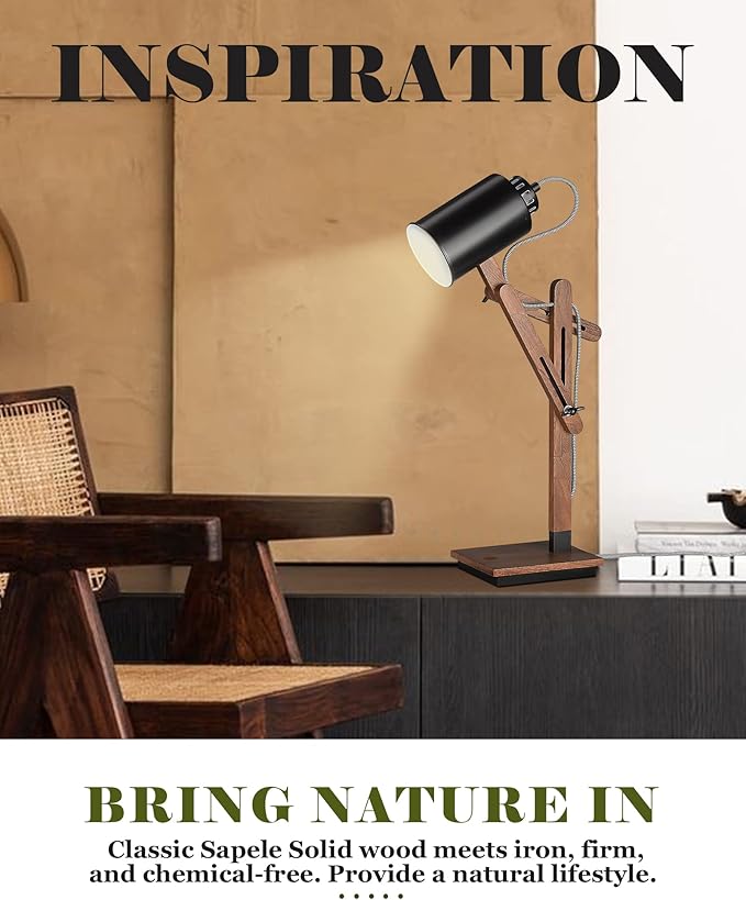 ELYONA Sapele Wood Desk Lamp with Wireless Charging & USB Port, Touch Control Reading Task Light,Adjustable, Swing Arm Table Lamp for Bedroom, Study Work, Office, Dorm, LED Bulb Included, Black