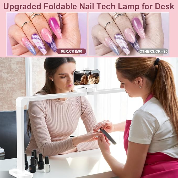 iVict Nail Desk Lamp, 34" Nails Tech Light with Phone Stand, 0-100% Adjustable Brightness, 3000K-6000K Color Temperature Led Desk lamp for Nail, Tattoos, Eyebrows, Beauty