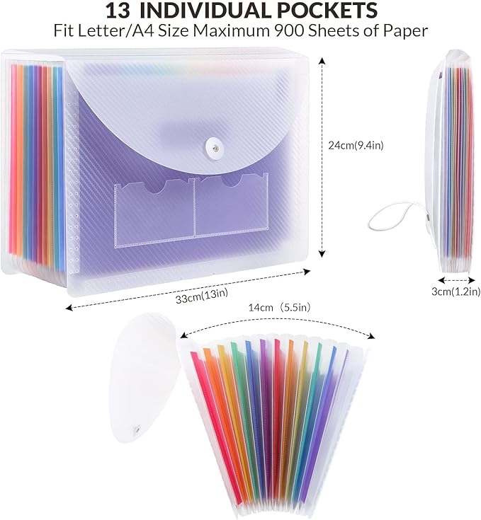 SKYDUE Accordion File Organizer, 13 Pocket File Folder Organizer with Clear Cover, Expanding Document & Paper Organizer with Tabs, Letter A4 Size, for Home or Work