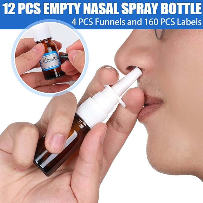 20 Pcs Nasal Spray Bottle, 10ML/0.35OZ 12Pcs Glass Brown Nasal Spray Bottles Empty with 4 Pcs Funnels and 4 Pcs Labels