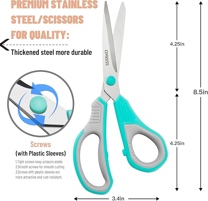 QMVESS 8.5" Scissors All Purpose 3 Pack, Ultra Sharp 2.5mm Thick Blade Scissors for Office, Professional Ergonomic Comfort Grip for Office School Home Fabric Sewing DIY Craft Cutting General Use