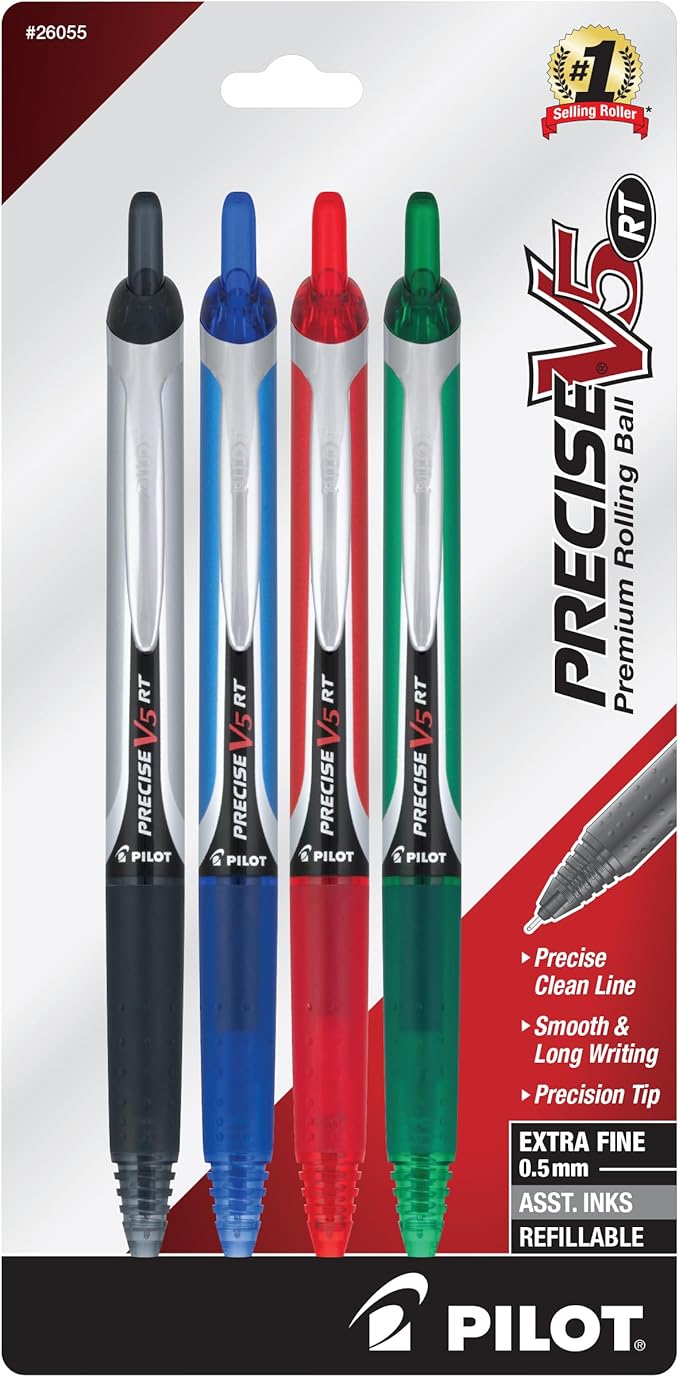 Pilot Precise V5 RT Refillable & Retractable Rolling Ball Pens, Extra Fine Point Pens, 0.5 mm, Black/Blue/Red/Green, Pack of 4 - Ideal for School, Journaling & Office Writing