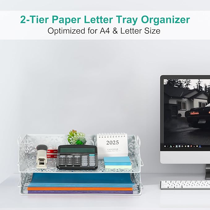 EasyPAG Paper Organizer for Desk 2 Tier Stackable Paper Tray for A4 Legal Size Folders Metal File Storage Desktop Organizer for Home Office School Teacher, White