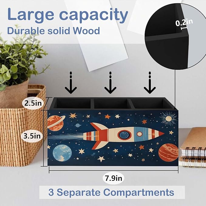 SNNDER Outer Space Pen Holder for Desk, Cosmic Rocket Planet Celestial Wooden Box Sign Desk Decor for Kids Room Home Classroom Decoration, Blue Galaxy Pencil Organizer, Space Decor for Boys Room