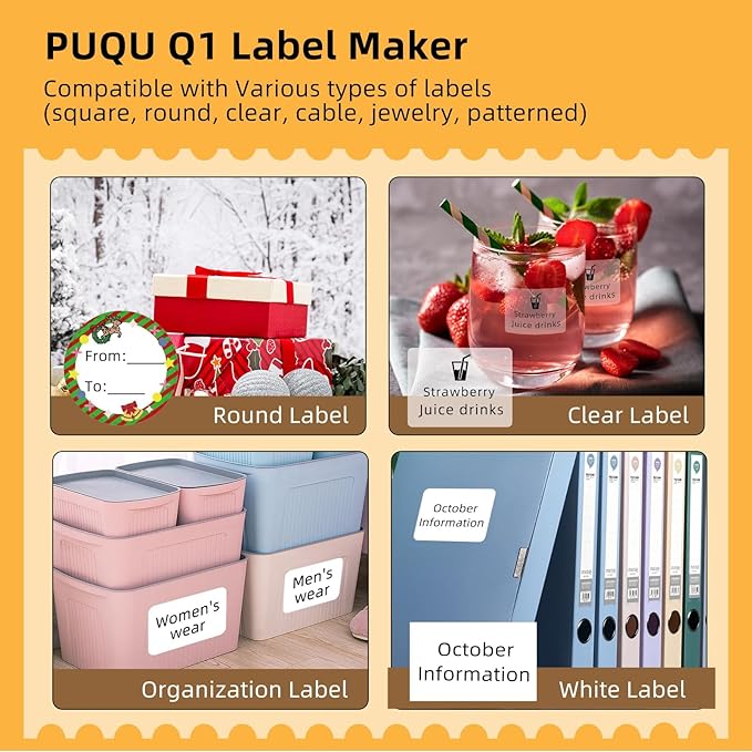 PUQU Q1 Label Maker Machine with 40x30mm Tape, All Free APP with 1000 Icons and 200 Templates, 2 Inch Portable Bluetooth Label Printer for Address, Barcode, Cable, Jewelry, Organizing, Storage, White