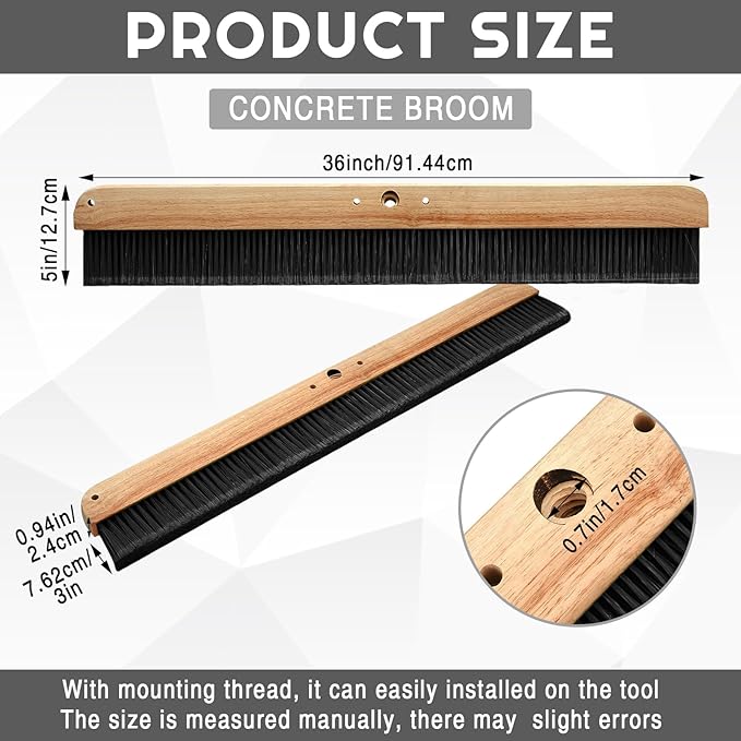 Yiyiring 2 Pack 36 Inch Concrete Broom Finishing Tools Without Handle Wood Backed Brush Push Brooms with Mounting Threads for Concrete Finishes Hard Floors Yards