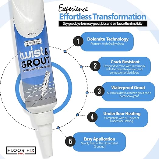 Floor-Fix Pro - Twist & Grout Repair Kit - Premixed & Waterproof Fast Tile Grout Reviver - Bathroom, Shower, Kitchen (White, 8.8 Fl Oz)