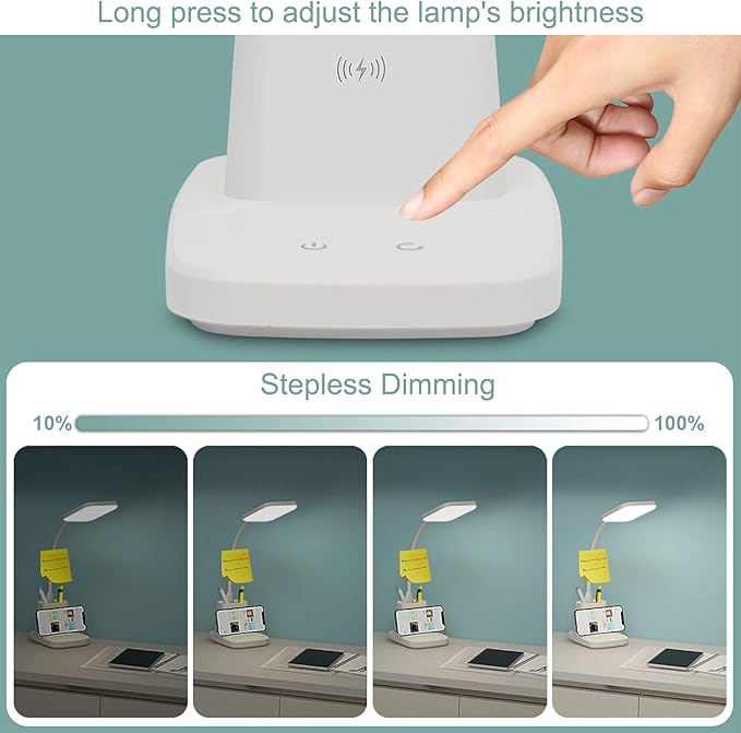 LED Desk Lamp with Wireless Charger, Sailstar White Desk Light with Pen Holder, 3 Color Modes with Stepless Dimming, CRI 85, 800 Lumen, Study Lamps for College Dorm Room, Home Office, Adapter Included