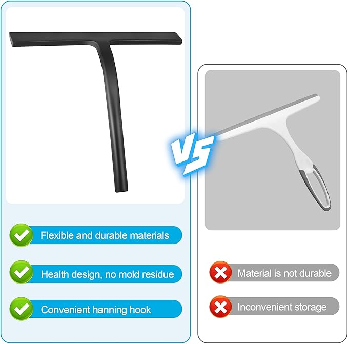 DNZPFU Shower Squeegee for Glass Doors, Mirror Window Tile Scrubber Cleaner with Hook Silicone (Black)