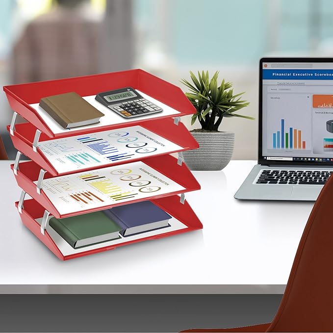 Acrimet Facility 4 Tier Letter Tray, Side Load, Letter Size/A4, Desktop File Organizer, Plastic (Solid Red)