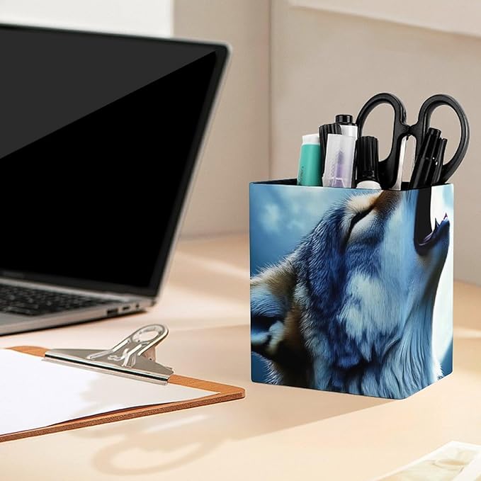 Holder Cup Makeup Brush Storage Organizer, Waterproof Multifunctional Office Supplies, Pen Holder Square Leather Pencil Full Moon Wolf