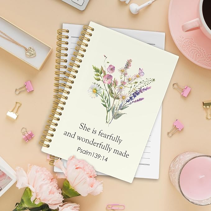 Bible Christian Wildflower Spiral Notebook, Inspirational Religious Journaling Notebooks for Work Office School, Floral Plant Prayer Hardcover Journals Gifts for Women, 160 Pages 5.5 x 8.3 Inch